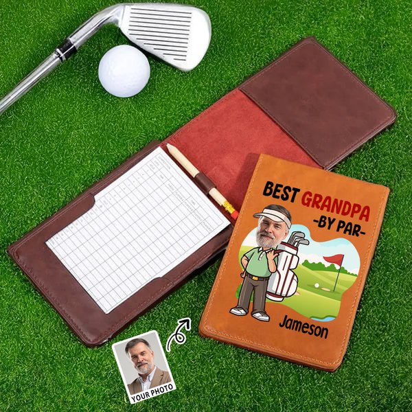 Personalised Best By Par Cartoon Face Photo PU Leather Golf Scorecard Holder with Name Competition Training Accessory Birthday Gift for Golf Lovers