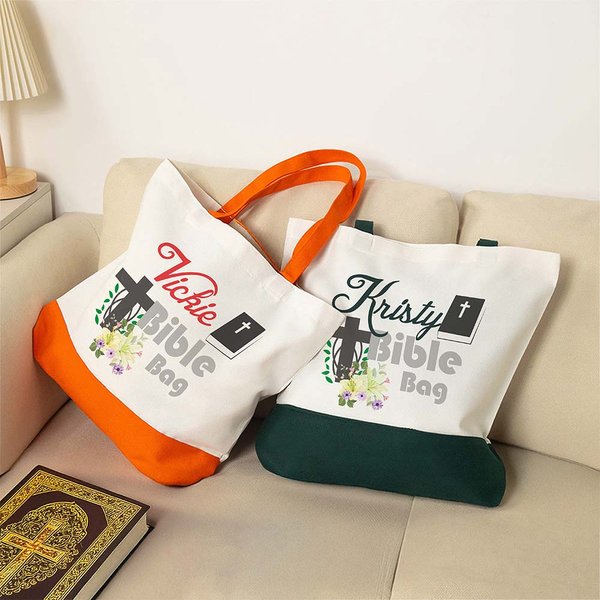 Personalized Multicolor Floral Cross Bible Large Tote Bag with Name Travel Accessories Baptism Birthday Gift for Women Christians