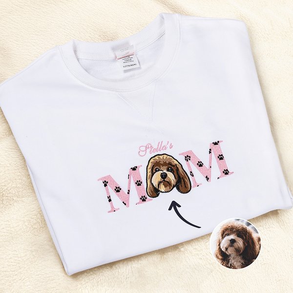 Personalised Embroidered Pet Photo Mom Soft T-shirt Sweatshirt Hoodie with Name Mother’s Day Birthday Gift for Mom Pet Lover Owners
