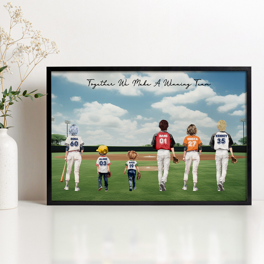 Peinture à l'huile personnalisée de l'équipe de baseball avec 1-9 noms et texte Art mural décoratif Fête des pères Cadeau de la fête du jeu pour l'entraîneur, le joueur et la famille