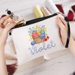 Henkilökohtainen kukka lanka kori pellava meikkilaukku nimi ja rannehihna Travel tarvikkeet syntymäpäivälahja Crocheter neulonta ystäville lahja