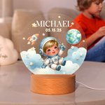Personalized Astronaut Space Planet Rocket Star Acrylic LED Night Light with Name and Wooden Base Birthday Children's Day Gift for Kids