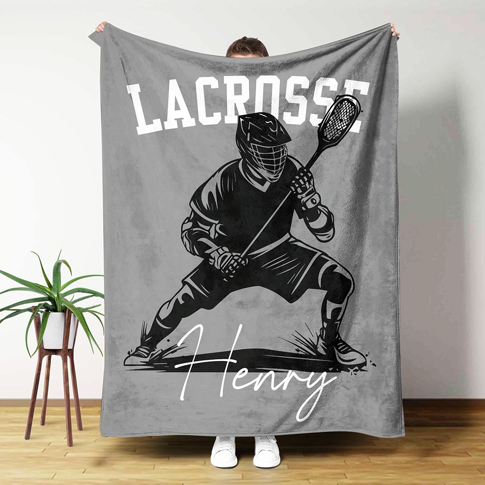 Personlig Silhouette Lacrosse mjuk pläd med namn heminredning födelsedagspresent för Lacrosse-entusiaster
