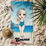 Personalisiertes Sommer Strand Cartoon Figur Strandtuch mit Namen Schnelltrocknend Sommer Reise Urlaub Essentials Geburtstag Geschenk für Damen