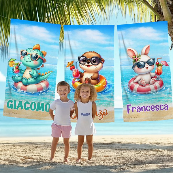 Asciugamano da spiaggia oversize personalizzato con nome e disegno animali carini asciugatura rapida regalo per vacanze estive in piscina per ragazzi