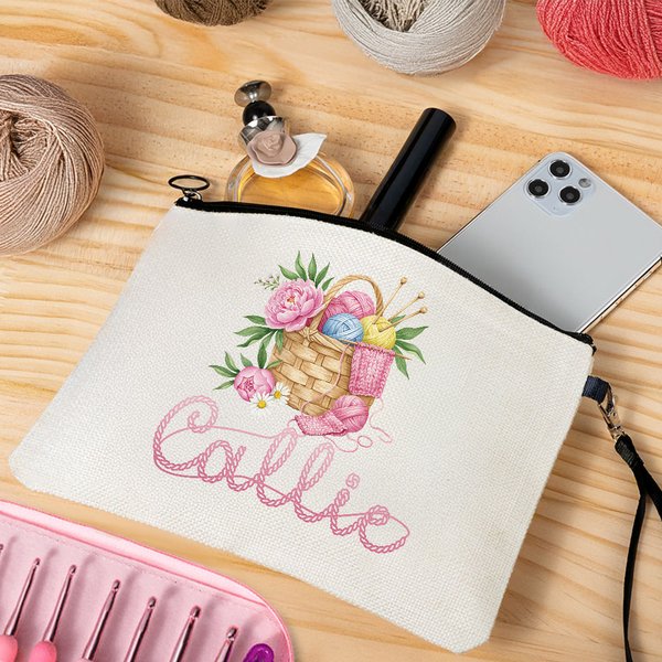 Personalized Floral Yarn Basket Linen Makeup Bag with Name and Wrist Strap Travel Accessories Birthday Gift for Crocheter Knitting Lovers