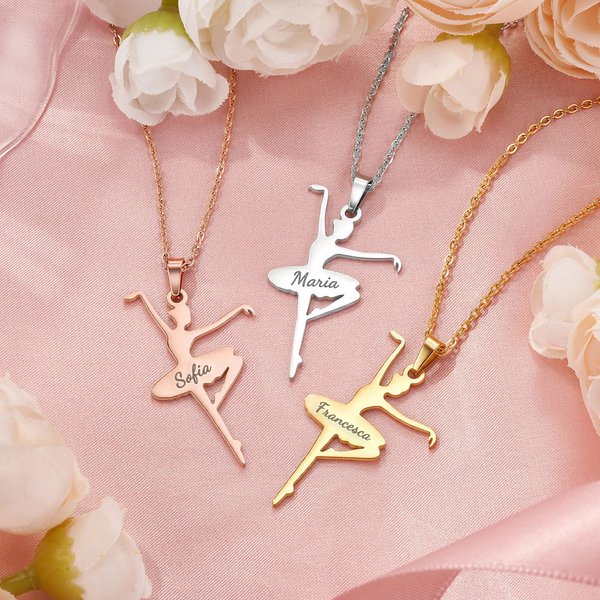 Collana personalizzata con nome inciso e ciondolo a forma di una ballerina regalo ideale per compleanno per donne ragazze o appassionate di danza