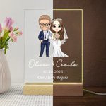 Personalized Cartoon Bride and Groom Acrylic LED Night Light with Name Date and Wooden Base Wedding Anniversary Gift for Newlyweds Couple