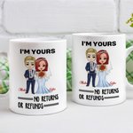 Personalised I'm Yours No Returns or Refunds Cartoon Bride and Groom Ceramic Mug with Names Wedding Anniversary Gift for Newlyweds Couples