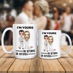 Personalised I'm Yours No Returns or Refunds Cartoon Bride and Groom Ceramic Mug with Names Wedding Anniversary Gift for Newlyweds Couples