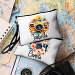 Gepersonaliseerd Aquarel Bloemen Retro Camera Naam Make-up tasje met polsbandje Verjaardagscadeau voor Fotografieliefhebber Fotograaf