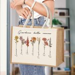 Borsa tote in iuta personalizzata di grande capacità 1-20 fiori di nascita con nomi compleanno regalo per la festa della mamma per donne