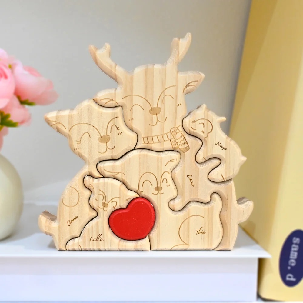 Casse-Tête en Bois Personnalisé avec 2-5 Noms Gravés Puzzle en Forme d'Élan Décoration de Bureau Cadeau d'Anniversaire pour Famille