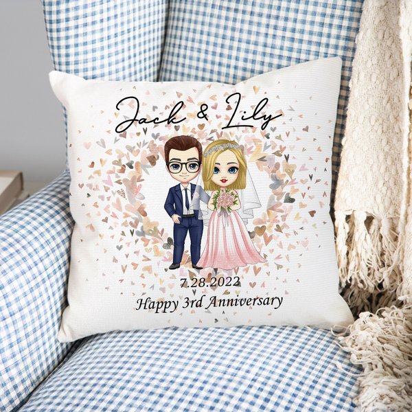 Personalizzato Cartoon Sposi cuore morbido cuscino di copertura con il nome e la data di nozze Matrimonio decorazione regalo di anniversario per la coppia