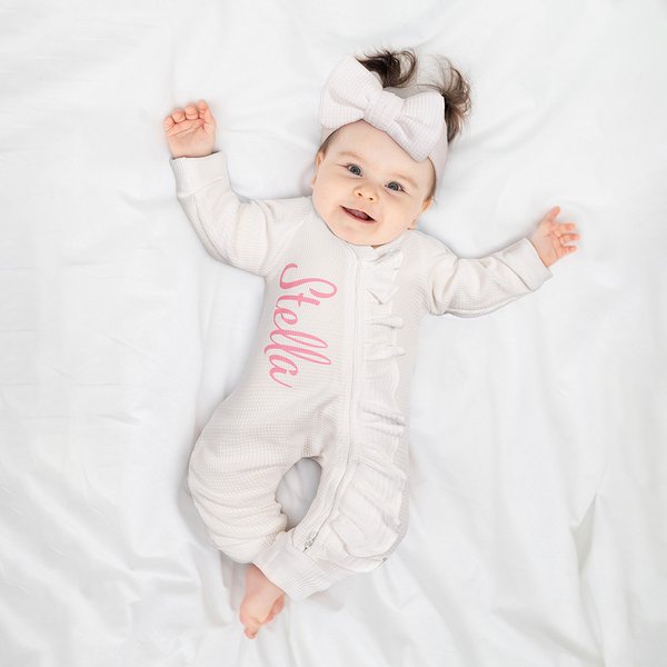 Personalised 100% Cotton Ruffle Waffle Name Baby Romper with Zipper Bow Headband Set Baby Shower Birthday Gift for Girl Newborns