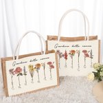 Borsa tote in iuta personalizzata di grande capacità 1-20 fiori di nascita con nomi compleanno regalo per la festa della mamma per donne