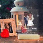 Personalized Cartoon Bride and Groom Acrylic LED Night Light with Name Date and Wooden Base Wedding Anniversary Gift for Newlyweds Couple