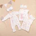 Personalised 100% Cotton Ruffle Waffle Name Baby Romper with Zipper Bow Headband Set Baby Shower Birthday Gift for Girl Newborns