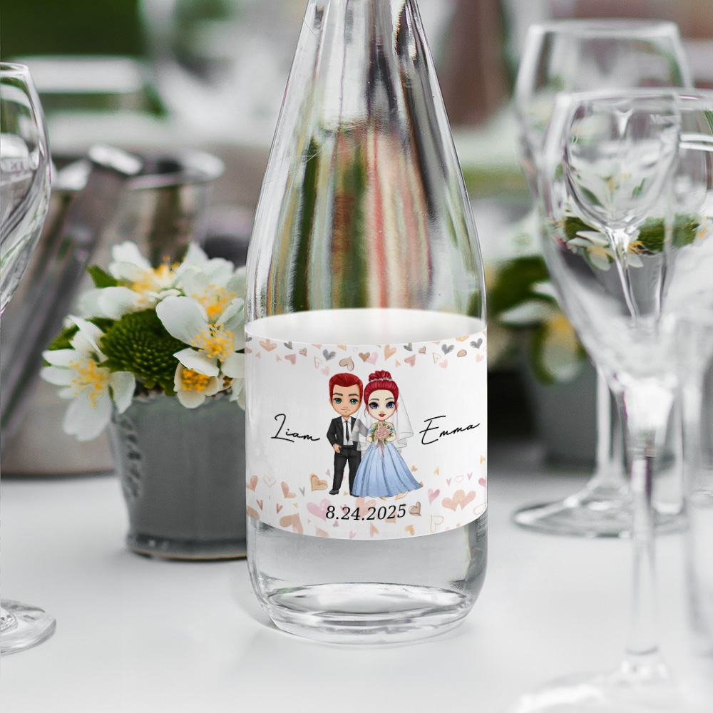 Etiquette de bouteille d'eau personnalisée avec nom et date de mariage Décor d'anniversaire de mariage pour couple de jeunes mariés