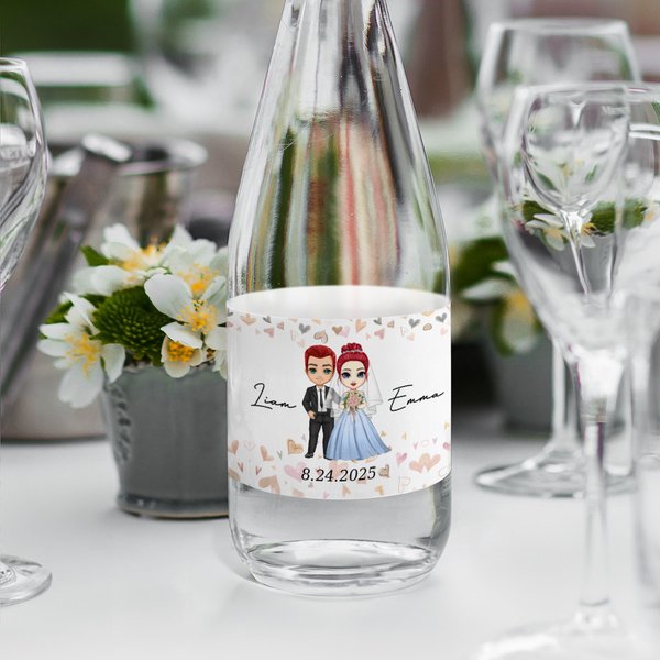 Personalised Cartoon Bride and Groom Water Bottle Label Stickers with Name and Wedding Date Wedding Anniversary Decor for Newlyweds Couple