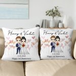 Gepersonaliseerd Cartoon Bruid en Bruidegom Hart Zacht Kussenovertrek met Naam en Huwelijksdatum Huwelijksdecoratie Verjaardagsgeschenk voor Paar