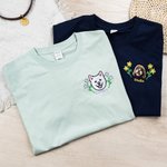 Gepersonaliseerd Geborduurd Bloemen Hond Kat Gezicht Foto Zacht T-shirt Sweatshirt Hoodie met Naam Huisdierfeest Verjaardagscadeau voor Huisdierliefhebbers