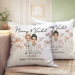 Gepersonaliseerd Cartoon Bruid en Bruidegom Hart Zacht Kussenovertrek met Naam en Huwelijksdatum Huwelijksdecoratie Verjaardagsgeschenk voor Paar