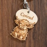 Personalised Cute Highland Cow Wooden Keychain  with Name Bag Accessories  Birthday Gift for Highland Cow Lovers