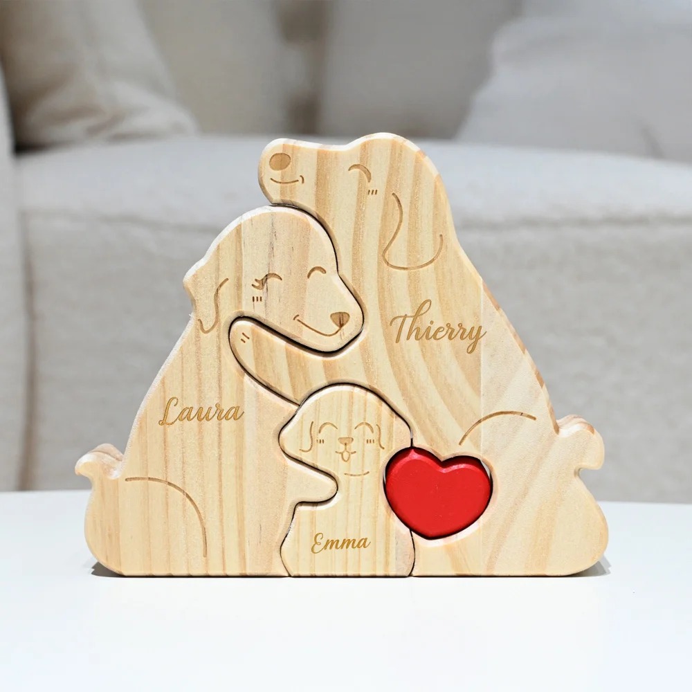 Casse-Tête en Bois Personnalisé avec 2-5 Noms Style de Chiens Décoration de Maison Cadeau Anniversaire pour Famille