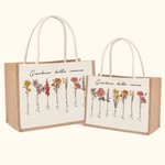 Borsa tote in iuta personalizzata di grande capacità 1-20 fiori di nascita con nomi compleanno regalo per la festa della mamma per donne