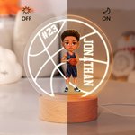 Personalised Cartoon Basketball Character Round LED Night Light with Name Number and Wooden Base Desk Decor Birthday Gift for Him
