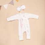 Personalised 100% Cotton Ruffle Waffle Name Baby Romper with Zipper Bow Headband Set Baby Shower Birthday Gift for Girl Newborns