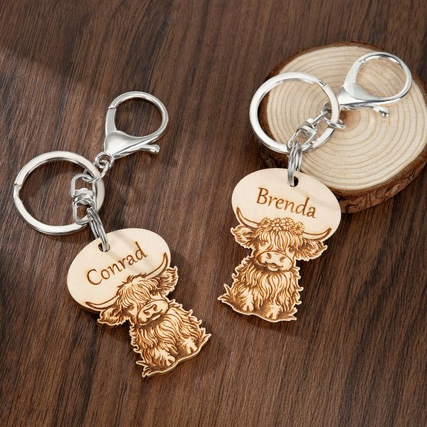 Personalised Cute Highland Cow Wooden Keychain  with Name Bag Accessories  Birthday Gift for Highland Cow Lovers