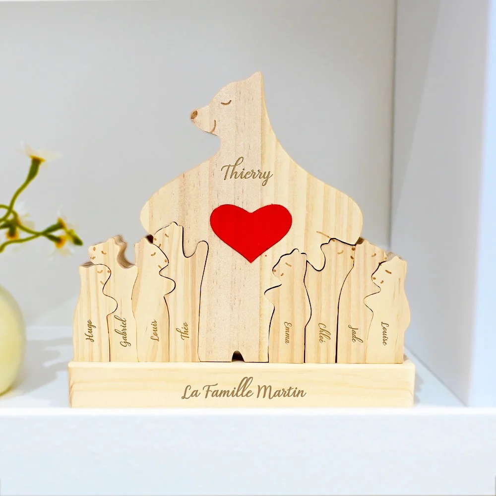 Puzzle en Bois avec Socle Personnalisé de 2-9 Noms Style de Famille Ours Décoration de Maison Cadeau Anniversaire Fête des Mères Pères pour Famille