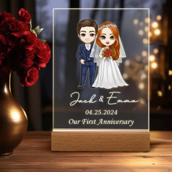 Novios personalizados de dibujos animados Luz de noche LED acrílica con nombre Fecha y base de madera Regalo de aniversario de boda para recién casados Pareja