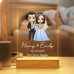 Personalized Cartoon Bride and Groom Acrylic LED Night Light with Name Date and Wooden Base Wedding Anniversary Gift for Newlyweds Couple