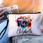 Gepersonaliseerd Aquarel Bloemen Retro Camera Naam Make-up tasje met polsbandje Verjaardagscadeau voor Fotografieliefhebber Fotograaf