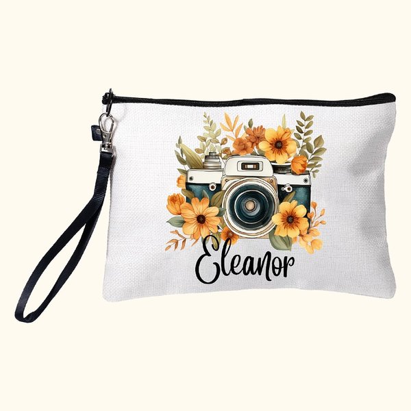 Personalised Watercolor Flowers Retro Camera Name Makeup Bag with Wristband Birthday Gift for Photography Enthusiast Photographer