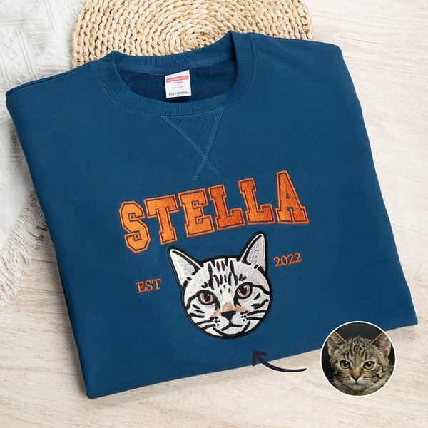 Personalised Multicolor Embroidery Dog Cat Pet Portrait Photo T-shirt Sweatshirt Hoodie with Name and Year Pet Party Birthday Gift for Pet Lover Owner