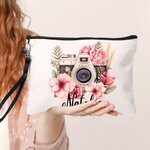 Gepersonaliseerd Aquarel Bloemen Retro Camera Naam Make-up tasje met polsbandje Verjaardagscadeau voor Fotografieliefhebber Fotograaf