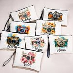 Gepersonaliseerd Aquarel Bloemen Retro Camera Naam Make-up tasje met polsbandje Verjaardagscadeau voor Fotografieliefhebber Fotograaf