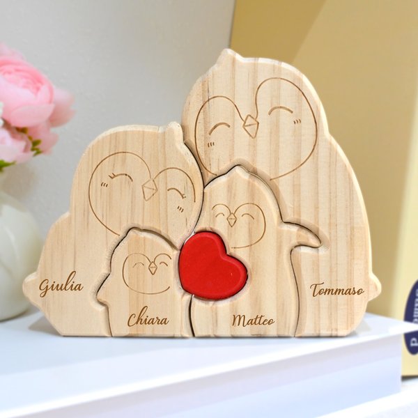 Puzzle di legno personalizzato con 2-5 nomi incisi a tema di pinguino con cuore rosso decorazione per casa regalo di compleanno per famiglia
