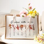 Borsa tote in iuta personalizzata di grande capacità 1-20 fiori di nascita con nomi compleanno regalo per la festa della mamma per donne