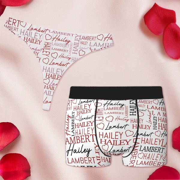 Personalisierte Wiederholung Name Herz Atmungsaktive Tanga Brief Boxer Unterwäsche Set Flitterwochen Reise Hochzeit Geschenk für Männer Frauen Paar