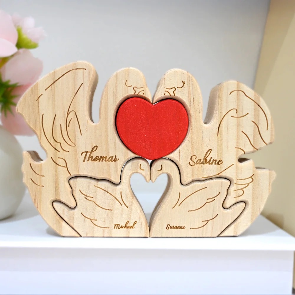Casse-Tête en Bois Personnalisé avec 2-5 Noms Gravés Puzzle en Forme de Cygne Cadeau d'Anniversaire pour Famille