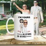Personalised I'm Yours No Returns or Refunds Cartoon Bride and Groom Ceramic Mug with Names Wedding Anniversary Gift for Newlyweds Couples