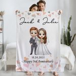 Personalisierte Cartoon Braut und Bräutigam weiche Decke mit Namen Home Decor Hochzeit Datum Jahrestag Geschenk für Newlyweds Paare