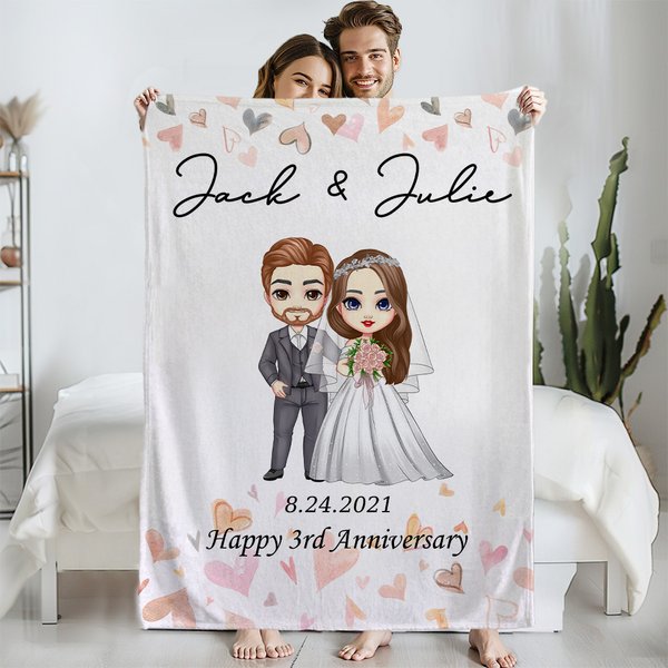 Personalisierte Cartoon Braut und Bräutigam weiche Decke mit Namen Home Decor Hochzeit Datum Jahrestag Geschenk für Newlyweds Paare