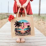 Borsa tote personalizzata in juta con personaggio femminile cartone animato e nome regalo per viaggi vacanze e tempo libero sulla spiaggia per donne