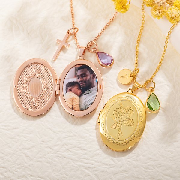 Personalized Engraved Birth Flower Birthstone Photo Locket Necklace with Cross or Initial Charm Dainty Jewelry Birthday Christian Gift for Her